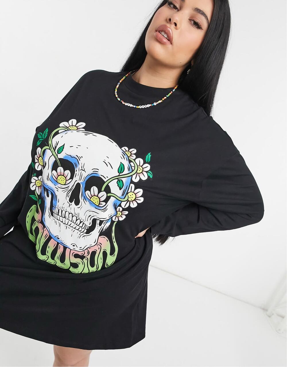 COLLUSION Oversized Skull & Daisy Long-Sleeve T-Shirt Dress - Size 6